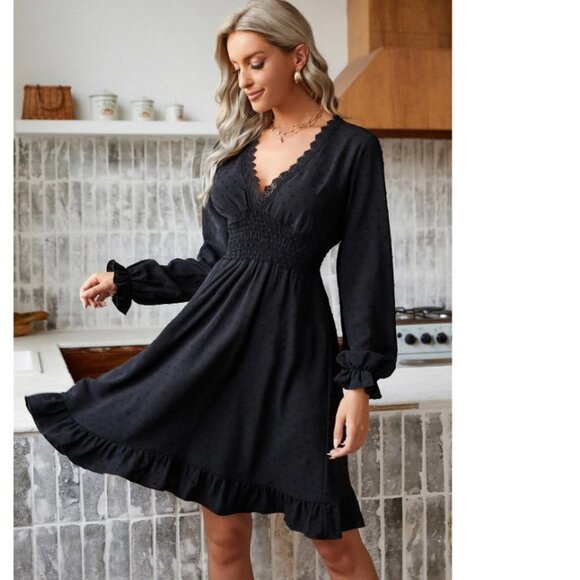 SHEIN Frenchy Swiss Dot Flounce Sleeve Guipure Lace Trim Shirred Dress L - Picture 3 of 14